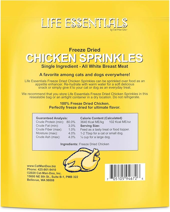 Life Essentials by Cat-Man-Doo Freeze Dried Chicken Sprinkles Dog & Cat Treats, Healthy Single Ingredient Training Treats for Dogs, Puppies & Cats, Made with Real Chicken – 5 oz (2 Pack)