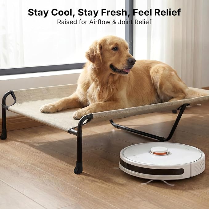 Veehoo Outdoor Dog Bed, 53" XXL Raised Dog Bed, Elevated Dog Bed with Headrest Sides, Washable Cooling Dog Cot with Non-Skid Feet, Breathable Mesh, Portable Pet Hammock for Indoor or Camping, Beige