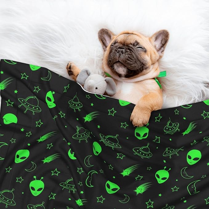 Pet Blanket for Couches and Beds, Green Alien Moon Spaceships Planet Black, Reversible Double Sided Plush Design with Soft Bumpy Texture and Smooth Surface, Furniture Protector