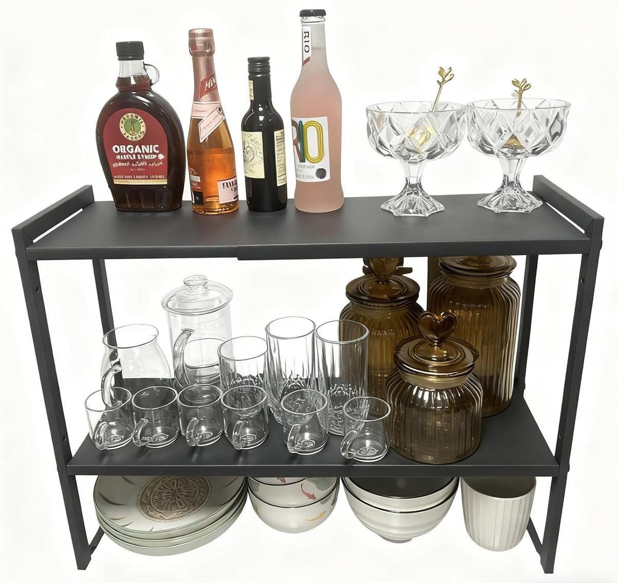 2 Tier Expandable Shelf 7.9"D Adjustable Countertop Riser Metal Black