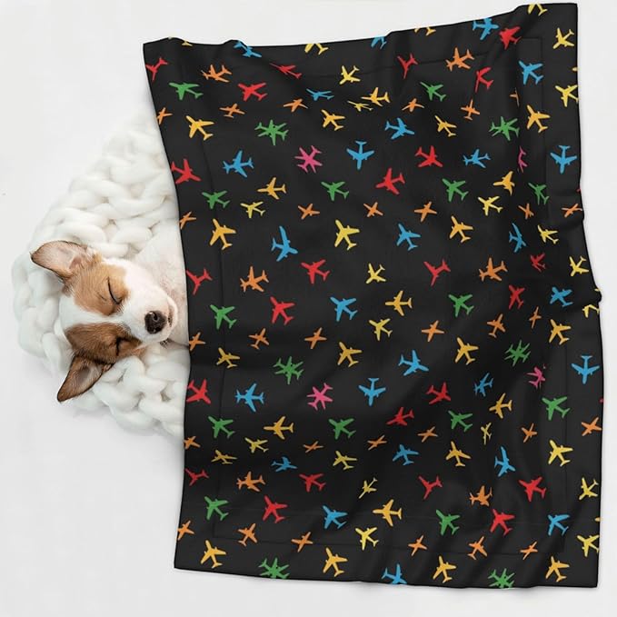 Double Sided Plush Pet Blanket with Cozy Dot Texture and Smooth Reverse, Colorful Aircraft Airplane Black, Reversible Throw for Dogs Cats on Couches Beds Crates
