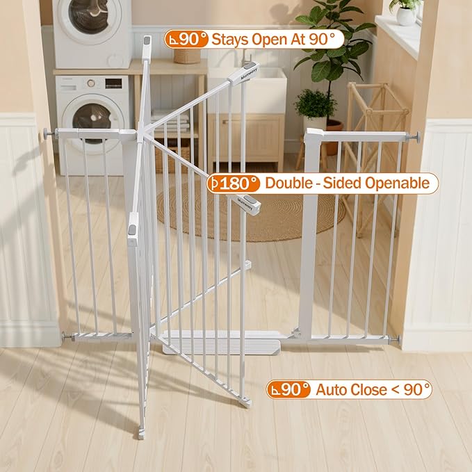 Mumeasy 36" Extra Tall Baby Gate for Stairs, 29.7-51" Wide Dog Gates Indoor for Doorways with Easy Walk Thru, Auto Close Pet Safety Gate for House, Pressure Mounted Metal Child Gate with Door, White