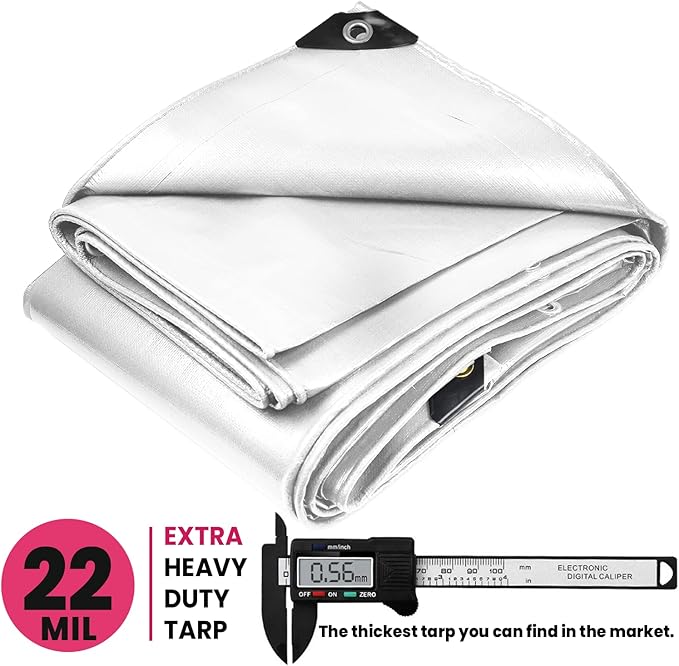 PROTARP Extreme Heavy Duty 22 Mil Tarp Cover, Waterproof, UV Resistant, Rip and Tear Proof, Poly Tarpaulin with Reinforced Edges for Roof, Camping, Patio, Pool, Boat. (White 10′ X 20′)