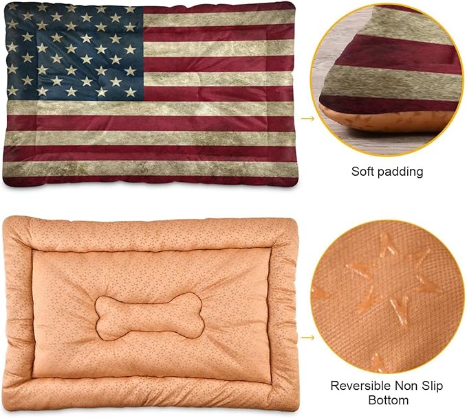 American Flag Dog Bed Mat, Cat Crate Pad with Non-Slip Bottom Washable Soft Pet Kennel Beds for Small Medium Large Dogs, 24"x18"