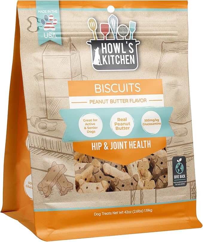 Howl's Kitchen Biscuits, 12 oz Bag, 1 Count, Peanut Butter Flavor, Hip and Joint Formula, Rawhide Free, Soft and Chewy Dog Treats, 500mg of Glucosamine for Dogs, For Active and Senior Dogs (Pack of 2)