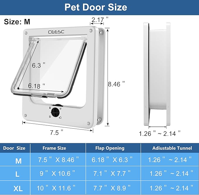 CEESC Medium Cat Door for Interior/Exterior Door, Weatherproof, White, Rotary 4 Way Locking Pet Door for Cats & Dogs with Circumference < 15.75", Upgraded Version