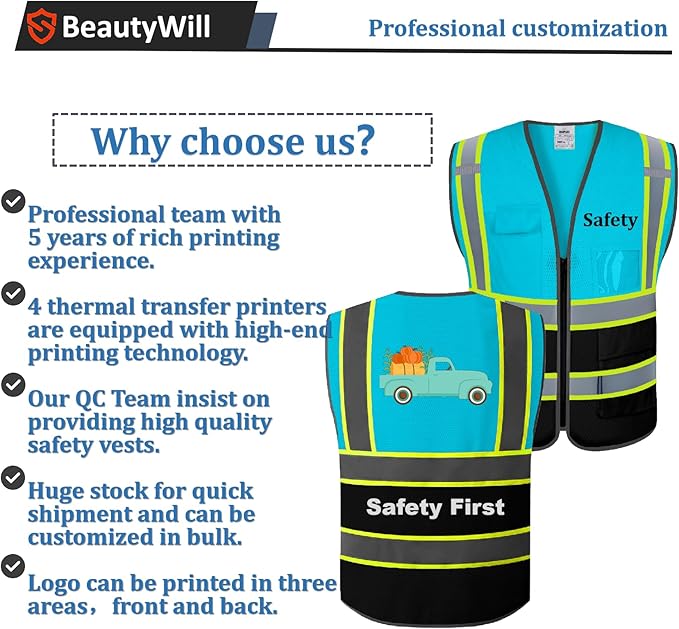 5 Pack Custom Safety Vest Customized Logo Mesh Vest Class 2 High Visibility Reflective Vest with Pockets Workwear（LightBlue Black，L ）