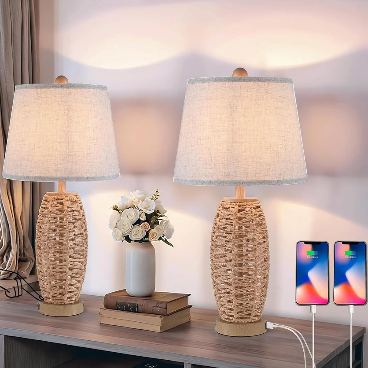 27" Rattan Table Lamps Set of 2, Touch Switch Nightstand Bedside Lamps with 2 USB Ports, Oatmeal Lampshade Wicker Lamp, Farmhouse Table Lamp for Living Room,Bedroom,Room Decor,End Table,Retro,Brown