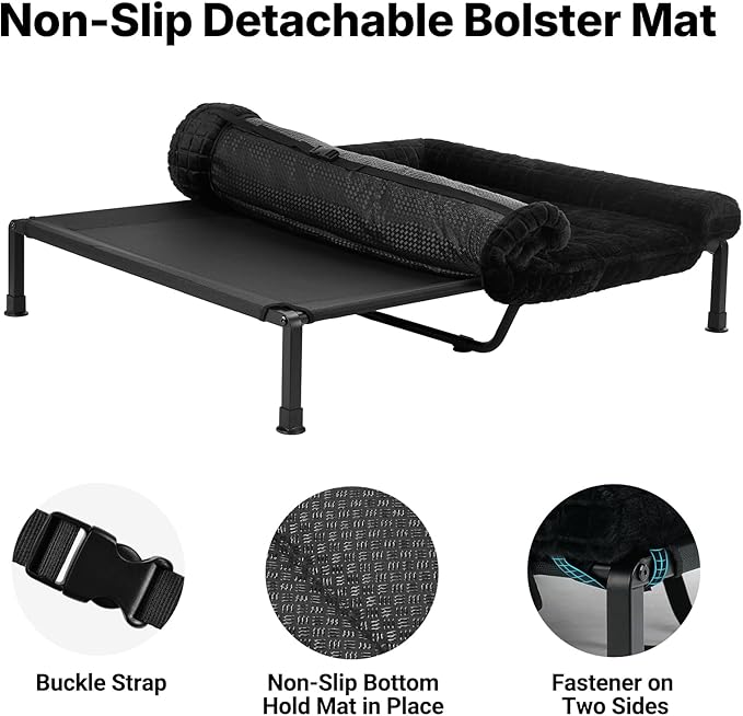 Veehoo Elevated Dog Bed Large Sized with Fluffy Plush Bolster Cushion, Washable Orthopedic Dog Couch Bed, Cooling Raised Pet Cot with Removable Mat, Breathable Mesh, No-Slip Feet, 48x 37 inches, Black