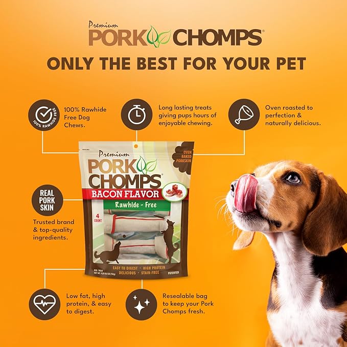 Pork Chomps Baked Pork Skin Dog Chews, 11 Inch Knots, 4 Count, 1 Pack, Bacon Flavor - Long-Lasting Treats for Dogs - High Protein, Rawhide-Free, Low Fat, Healthy & Delicious Chews