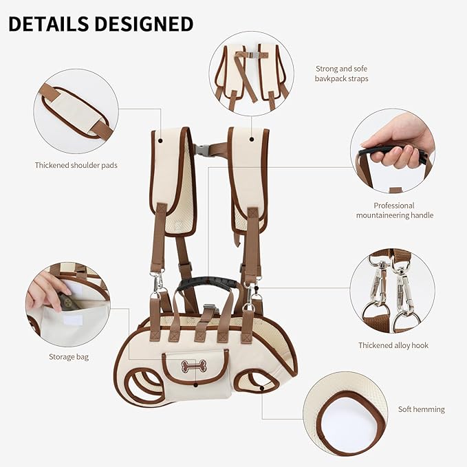Dog Backpack Carrier for Small Dogs,Dog Lift Harness Adjustable Padded Breathable with Small Pet Treat Bag Straps for Disabled, Joint Injuries, Cars,Outdoor Hiking Pet（M 8-13lb）