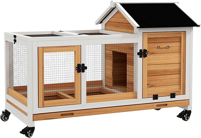 PawHut Wooden Rabbit Hutch with Wheels, Indoor Outdoor Large Bunny Hutch with Run & Slide-Out Tray for Small Animals, Rabbits, Chickens, Ducks, Guinea Pig, Yellow