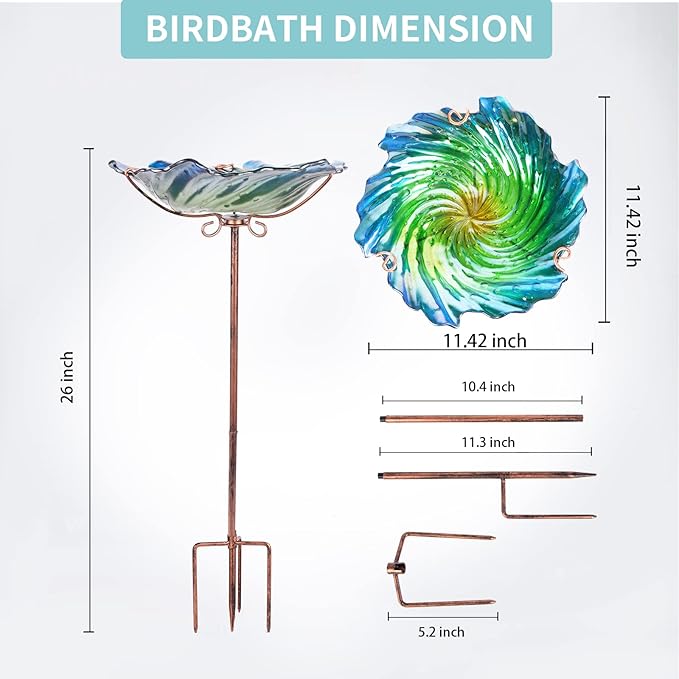 MUMTOP Glass Bird Baths for Outdoors, Garden Bird Bath Bowl with Metal Stake Birdbaths for Outside Yard Outdoor, Green