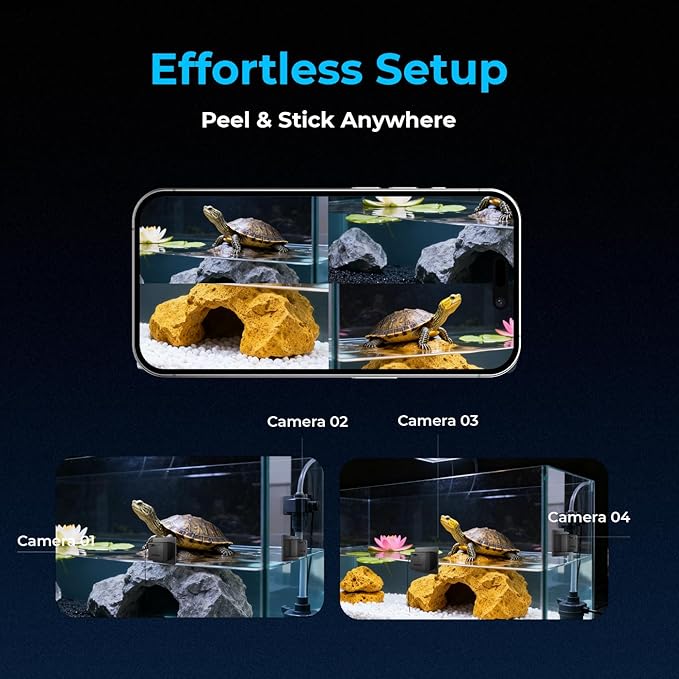 2K HD Turtle Terrarium & Tank WiFi Camera, 140° Wide-Angle Anti-Glare Lens, Night Vision, Two-Way Audio, AI Motion Alerts, 24/7 Recording, Easy Stick-On Install for Pet Turtles