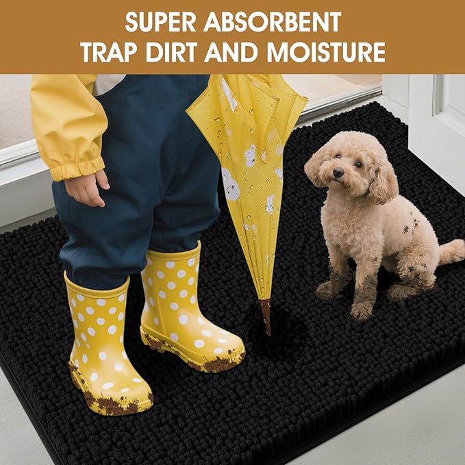 IM HOME Extra Large 71" x 25" Black Dog Door Mats for Muddy Paws, Chenille Absorbent Dog Mat, Non Slip Heavy Mud Mat for Dogs, Soft Pet Bed Mat for Entryway, Mud Paws, Inside Floor