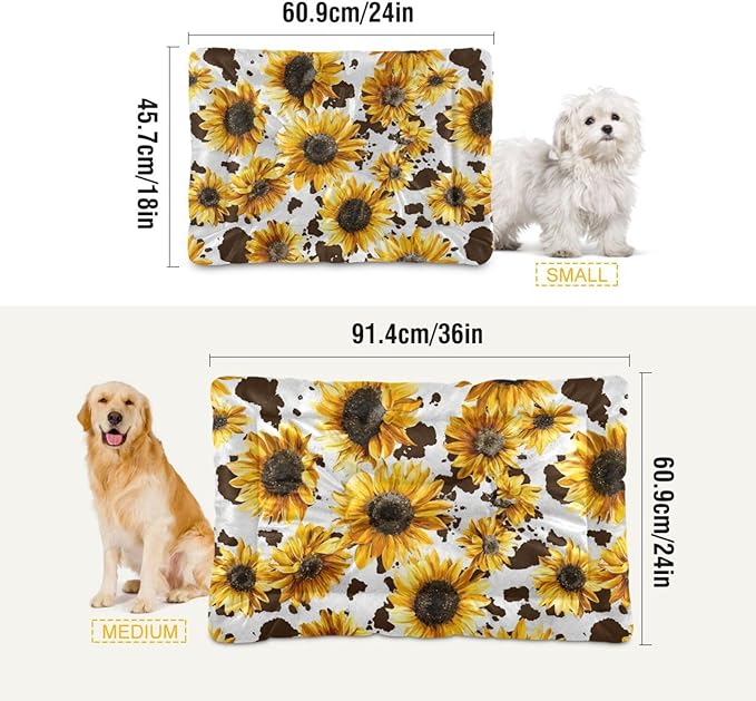 Retro Sunflower Dog Bed Mat Brown Leopard Pet Kennel Beds Washable Cat Beds Crate Pad Pets Sleeping Mattress for Large Medium Small Dogs 24 x18 Inch