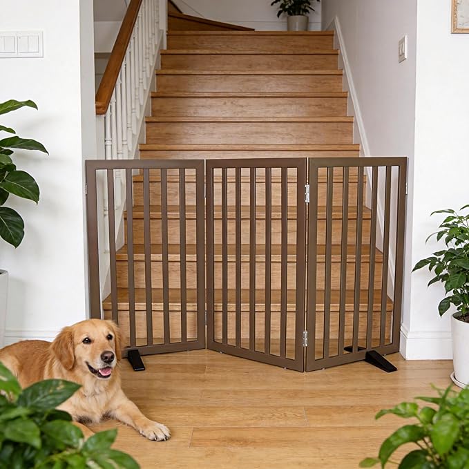 ZJSF Freestanding Indoor Dog Gate for House Foldable Wood Puppy Gate for Doorways Pet Gate for Stairs Extra Wide Pet Fence, Brown, 32" Height 3 Panels