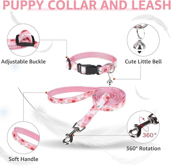 SCENEREAL Small Dog Harness and Leash Collar Set, Step in Soft Light Puppy Vest, Breathable Pet Harness for Small Sized Dogs, No Chock Reflective for Safe Outdoor Walking, Pink Flower S