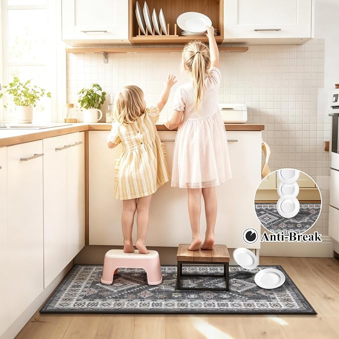 HEBE Boho Kitchen Rugs Sets of 2, Non Slip Washable Kitchen Mats