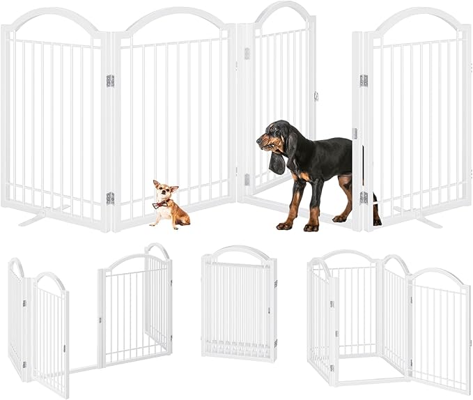 BHG Metal No-Assembly Freestanding Dog Gate with Door Walk Through, Extra Wide 96", Extra Tall 32" Pet Gate, Accordion Puppy Folding Playpen Dog Fence, with 2PCS Support (White, 4 Panels)