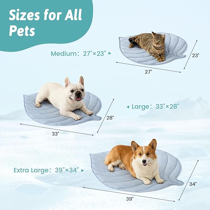 Dog Cooling Mat, Q-Max > 0.4 Leaf Shaped Pet Pad, Liquid Pee Proof Summer Mat for Cats, Washable Sleep Blanket for Bed Couch Floor Indoor, 33x28 inch, Blue