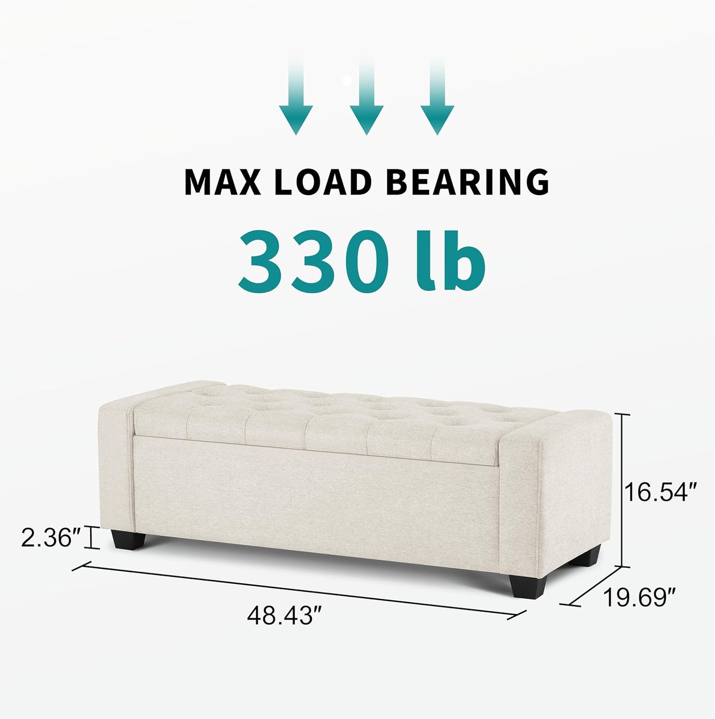 48" Ottoman with Storage, Storage Ottoman Bench with Safety Hinge, Upholstered Entryway Bench with Seating for Bedroom, Living Room, Holds up to 330 lb, Beige