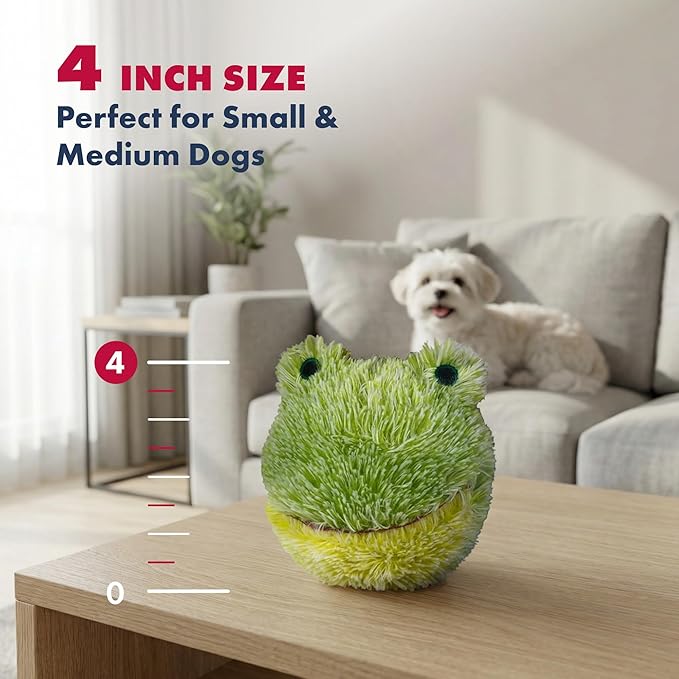 Pet Lou DOG'Z 4 Inch EZ Squeaky Frog Dog Plush Toy, Stuffing-Free Soft Plush Toy with Bouncy Squeaker Ball, Floats in Water, Ideal for Small and Medium Dogs