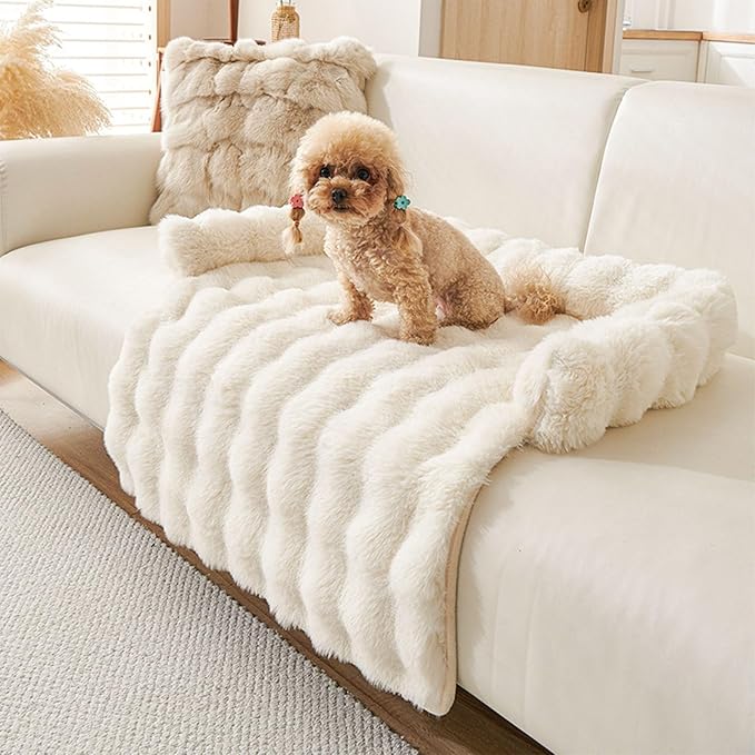 Dream Cloud Pet Sofa Bed Machine Washable Waterproof Supportive Comfort Non-Slip Plush Pet Couch Bed with Raised Edge for Sofa Car Floor, Small Medium Dogs Cats, Furniture Protector (White)