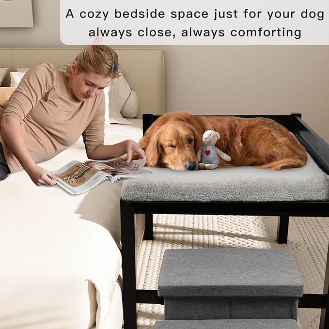 41‘’x27''Bedside Dog Bed with Stairs, Wooden Elevated Dog Bunk Bed Cosleeper with Removable Mattress, Foldable 3-Step Stairs & Guardrail, Bassinet-Style Pet Bed for Large Dogs