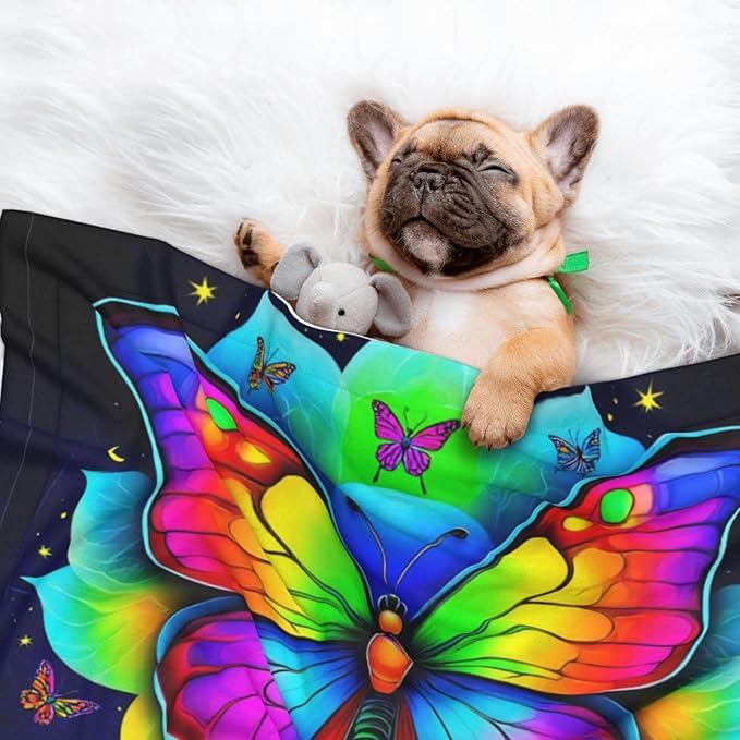 Two Sided Plush Pet Blanket for Warmth Comfort, Butterflies Mandala Rainbow Art Black and White, Reversible Throw with Cozy Nubby Side for Chilly Nights Napping Spots Around House