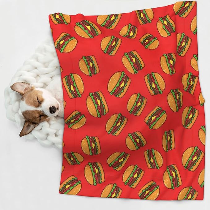 Double Sided Pet Throw for Dogs Who Shed, Burger Hamburger Pattern Red, Reversible Blanket with Nubby Dot Side Catches Loose Fur for Easier Furniture Cleanup