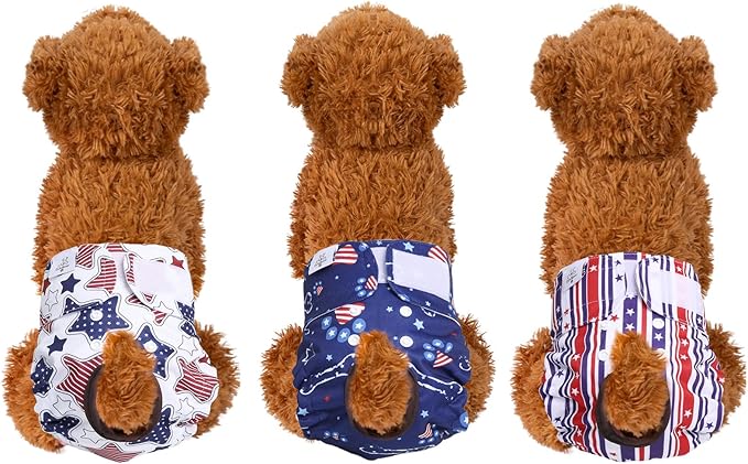CuteBone Dog Diapers Female Washable Small Medium Large 3 Pack Reusable Doggie Diapers 4th of July Puppy Period Pants for Doggy Heat Cycle Peeing