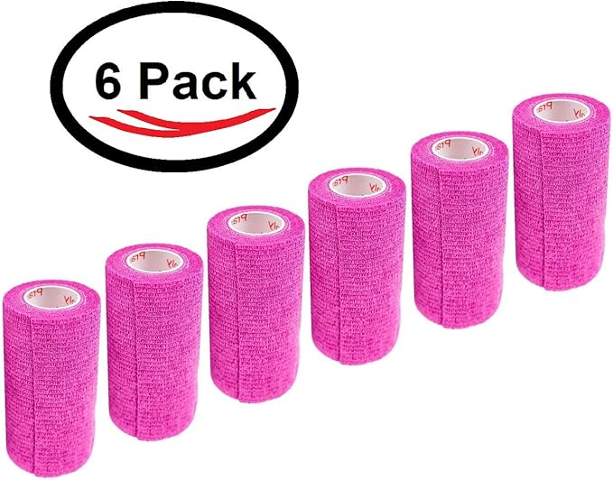 3 Inch Vet Wrap Tape Bulk (Fuchsia) (Pack of 6) Self Adhesive Adherent Adhering Flex Bandage Grip Roll for Dog Cat Pet Horse