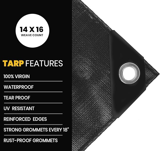 PROTARP Extra Heavy Duty 16 Mil Tarp Cover, Waterproof, UV Resistant, Rip and Tear Proof, Poly Tarpaulin with Reinforced Edges for Roof, Camping, Patio, Pool, Boat. (Black 20′ X 35′)