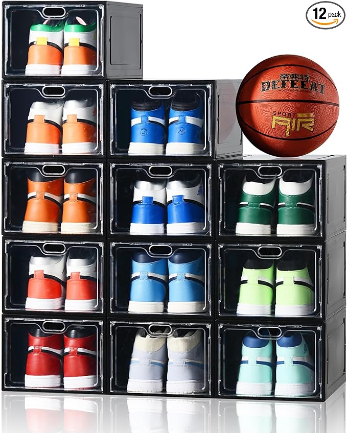 12 Pack Large Shoe Storage Box, Clear Shoe Storage Organizer with Magnetic Door, Stackable,Shoe Containers For Display Sneakers, Easy Assembly, Fit up to US Size 12, Black