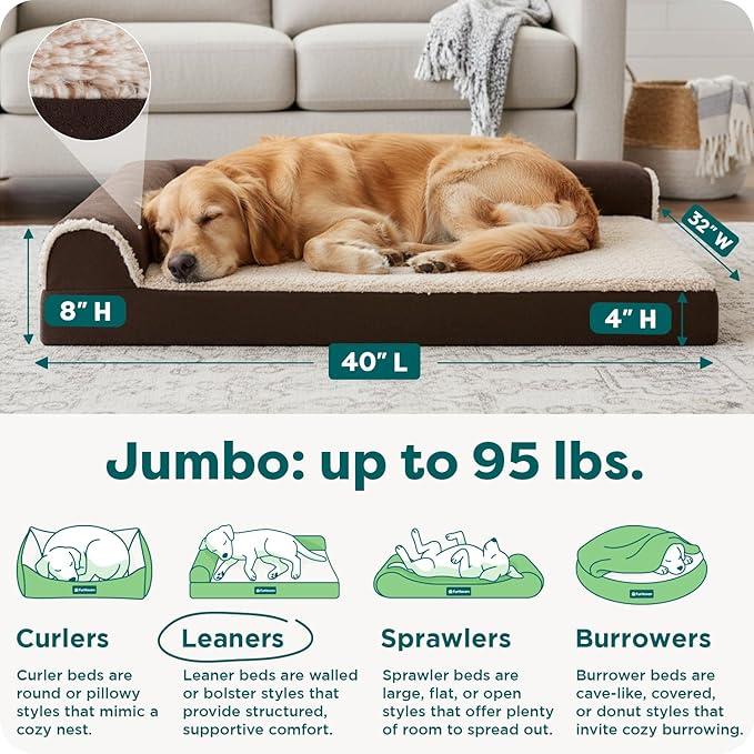 FurHaven Orthopedic Dog Bed for Large Dogs, L-Shaped Chaise Mattress with Orthopedic Egg Crate with a Solid Orthopedic Foam Base for Joint Support, Washable Cover, Jumbo XL, Faux Fur & Suede, Espresso