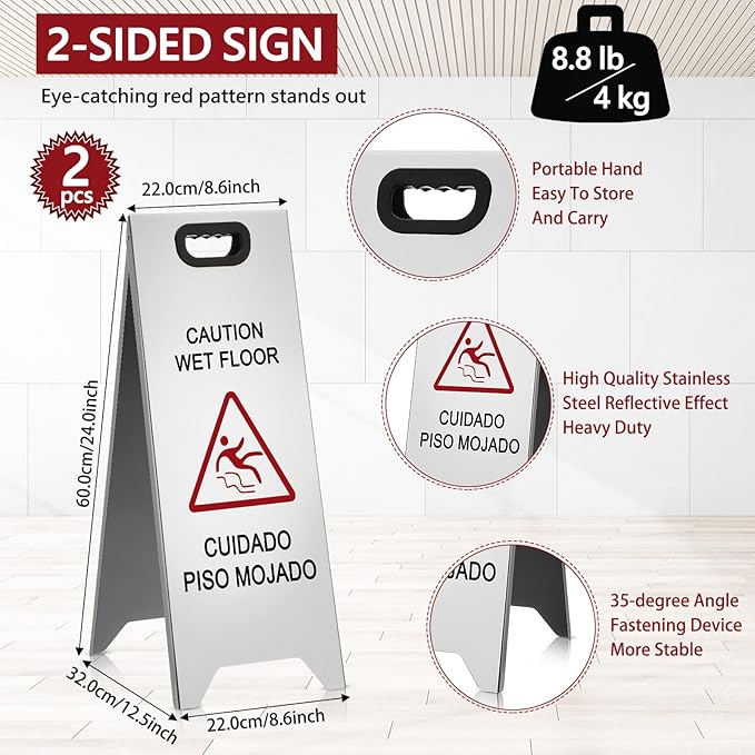 2 Pcs 24 Inch Stainless Steel Wet Floor Sign, Heavy Duty Caution Wet Floor Sign Double Sided Portable Foldable Bilingual Safety Warning for Restaurant Restroom Office Avoid Fall(Silver)