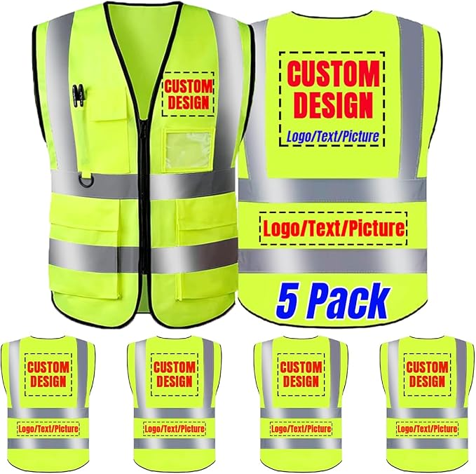 BeautyWill Safety Vest 5 Pack Customize Logo Class 2 High Visibility Reflective Vest with 5 Pockets Construction Security Work Vest ANSI/ISEA Standards（Yellow，XL）