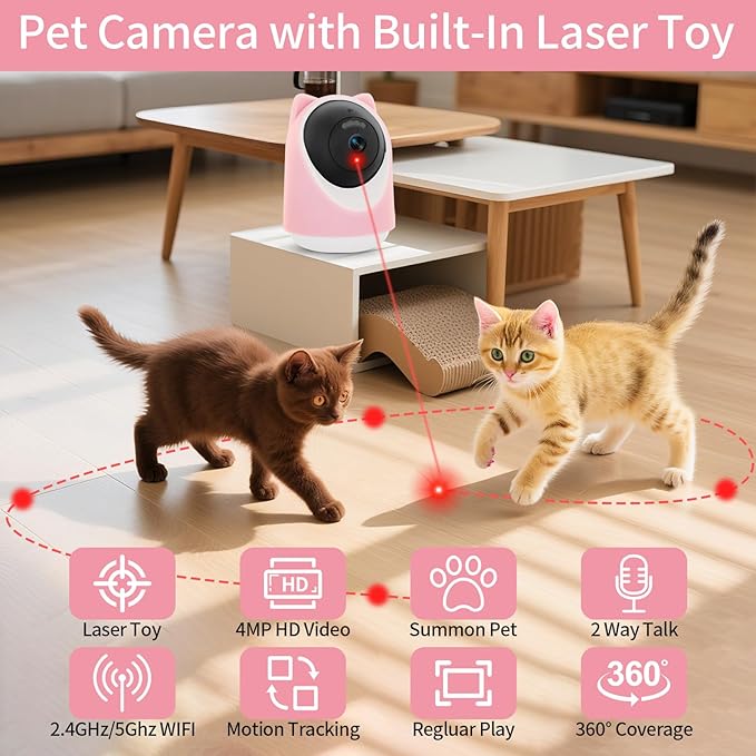 4MP 2.4/5GHz WiFi Pet Camera with Laser Toy, Night Vision & Motion Detection Alerts - APP Remote Control Interactive Device for Dog & Cat Monitoring (Indoor Security Camera)