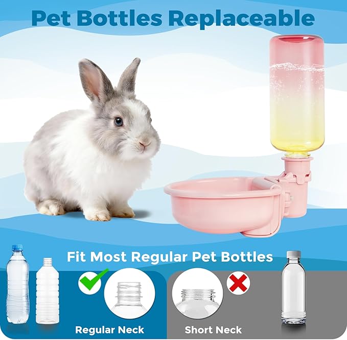 VANNON 16oz Pet Water Bottle, Gravity Dog Water Bowl Dispenser for Cage, Anti-Overflow Water Dispenser for Small Dogs, Cats, Rabbits and Other Small Animals, BPA Free, Gradient Pink