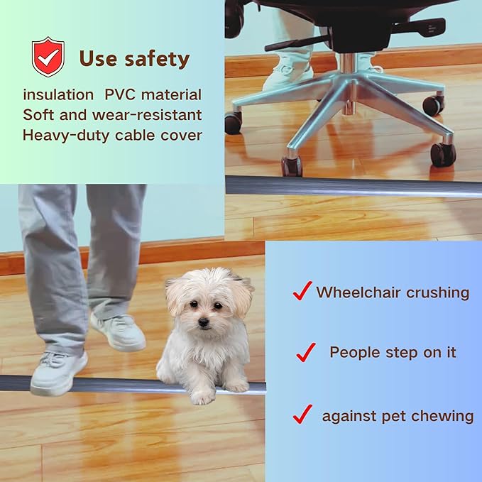 3.3ft Self Adhesive Floor Cord Cover,Heavy Duty Soft PVC Cable Protector and Extension Cord Hider,Cord Management System to Hide Wires on Floor,Cable Cavity:0.61" (W) x 0.32" (H) Gray Wood