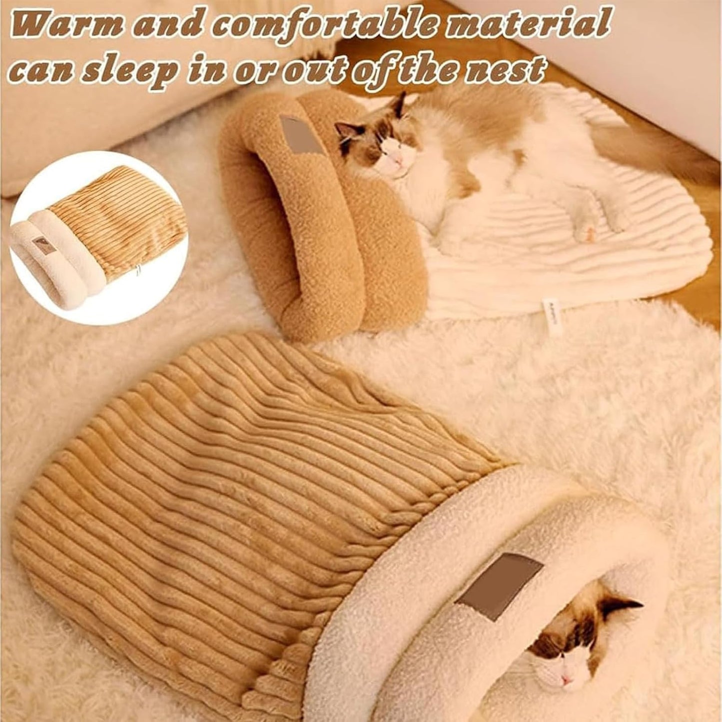 Cat Sleeping Bag - Cozy Pet Nest, Soft Fluffy Washable Bed Cave, Indoor Blanket (E)