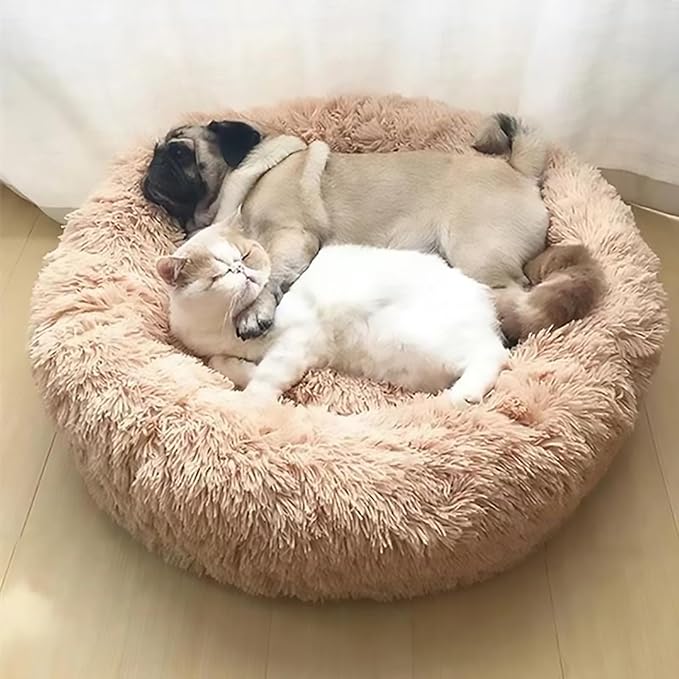 Calming Dog Bed for Small Dogs, Calming Donut Cuddler Pet Bed Anti Anxiety Round Dog Bed Fluffy Plush Faux Fur Cat Bed,Pink,19.7IN
