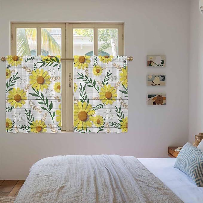 Yellow Daisy Kitchen Curtains, Farmhouse Country Flower Leaf Plant Wood Grain
