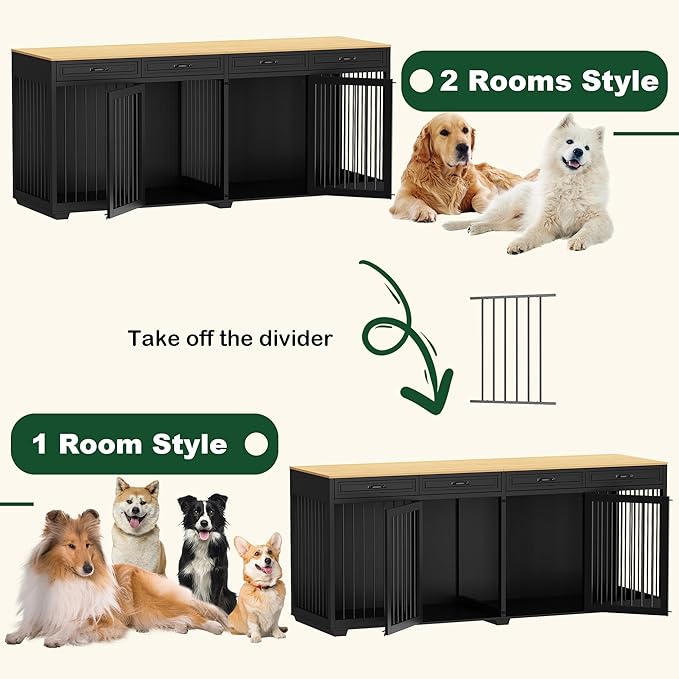 Extra Large Dog Crate Furniture, 93 Inch Heavy Duty Wooden Dog Kennel with Drawers & Removable Divider, Indoor Furniture Style Luxury Double Rooms Dog House for XL Large Dogs, Black