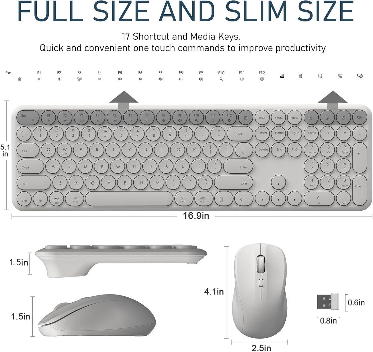 Wireless Keyboard and Mouse Combo, 110-Key Full Size (Gray)