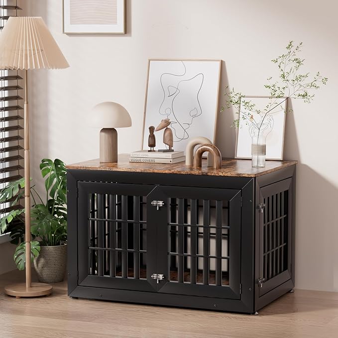 42" Heavy Duty Dog Crate Furniture for Small,Medium and Large Dogs,Rustic Wooden Dog Cage Kennel Indoor Furniture with Waterproof Top,Decorative Pet House Side End Table (Black & Wood)