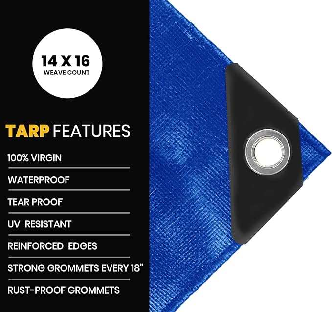 PROTARP Extra Heavy Duty 16 Mil Tarp Cover, Waterproof, UV Resistant, Rip and Tear Proof, Poly Tarpaulin with Reinforced Edges for Roof, Camping, Patio, Pool, Boat. (Blue 30′ X 70′)