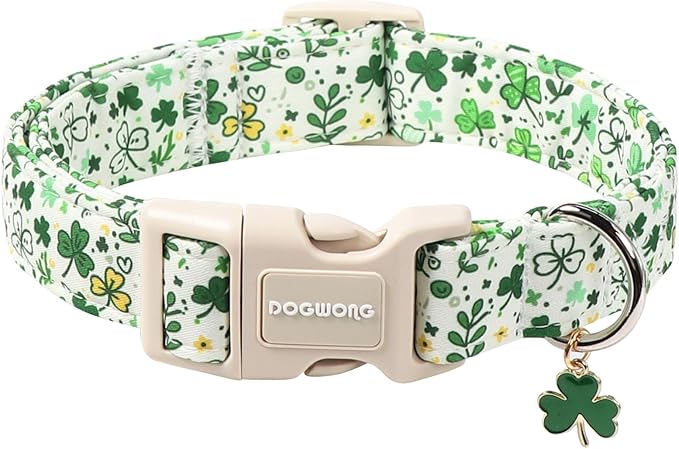 DOGWONG St Patrick's Dog Collar, Green Clover Pet Collar Cotton Holiday Pet Collar Cute Puppy Collar Adjustable Pet Dog Collars for Small Dogs,S
