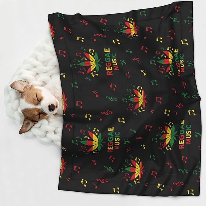 Reversible Pet Blanket for Sofa Protection Pet Comfort, Rasta Reggae Music Note Weedleaf Leaf, Double Sided Design with Cozy Nubby Nap Side and Durable Smooth Play Side